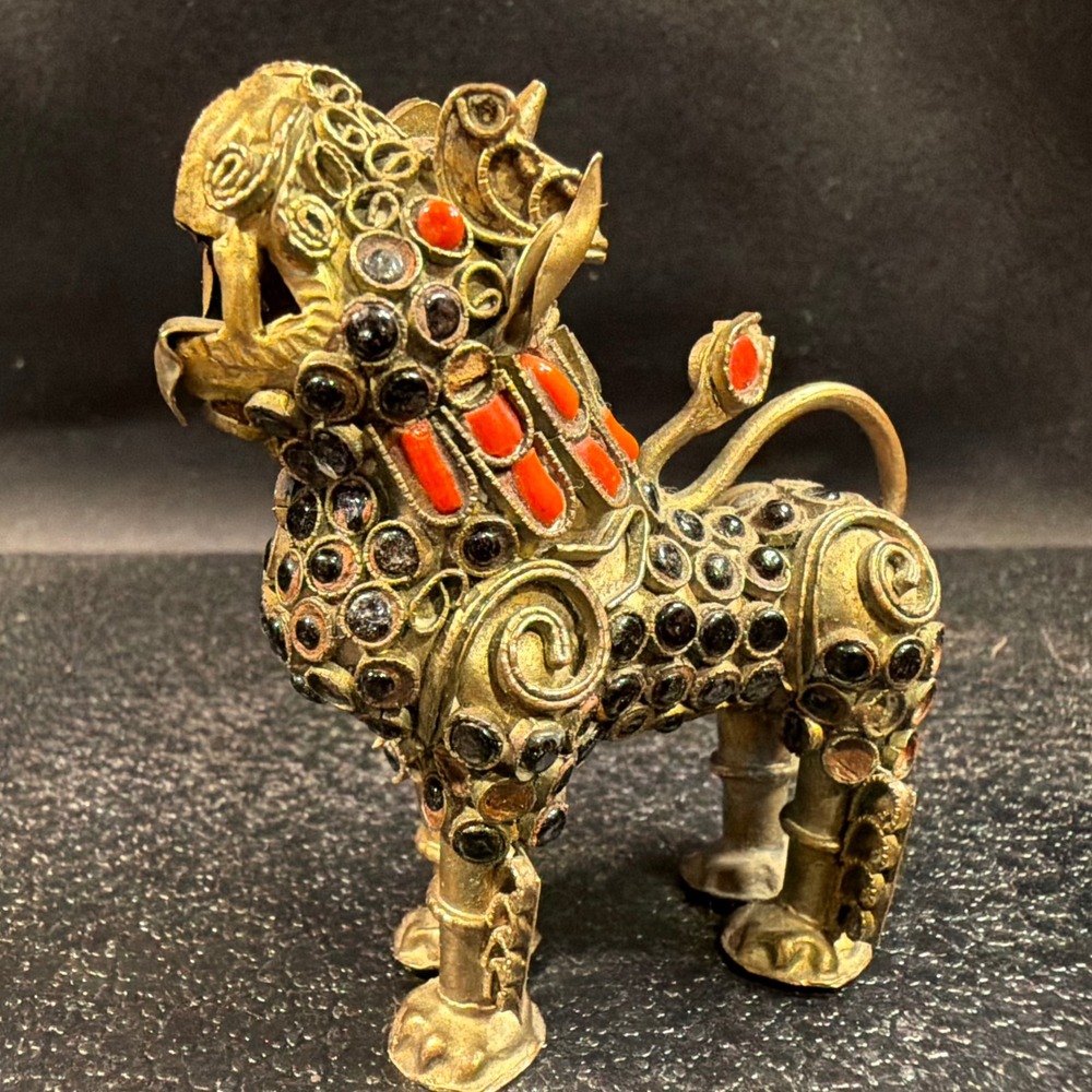 Tibetan Foo Dog Snow Lion Brass Filigree Coral Turquoise Figurine Nepal Antique